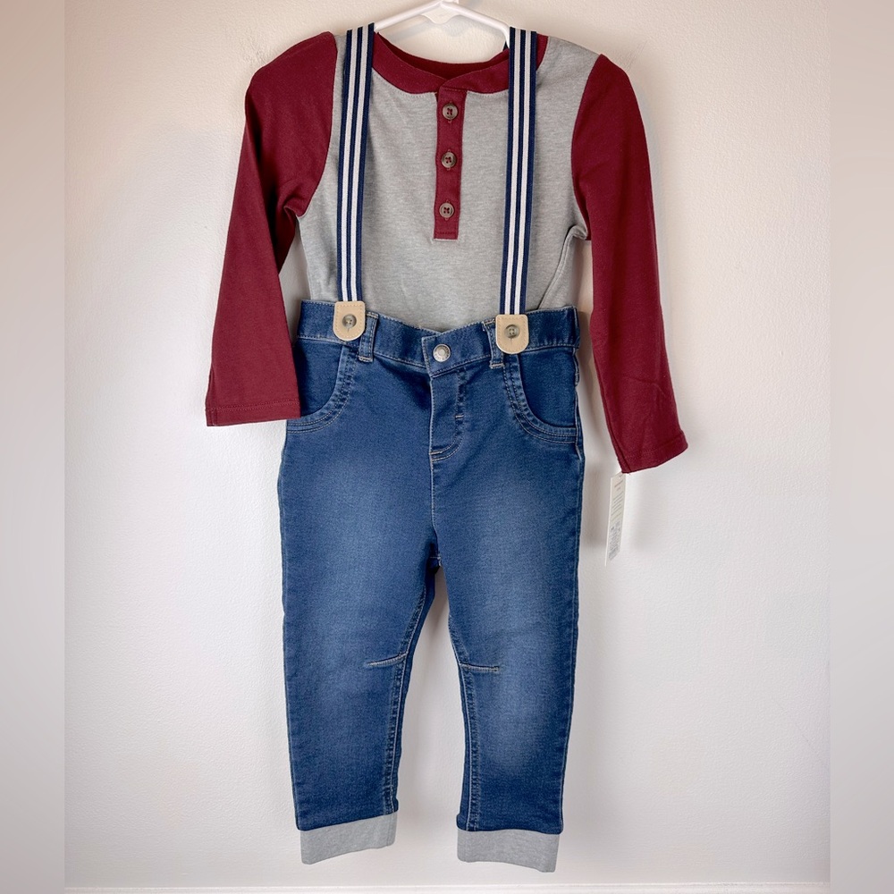 CAT & JACK BABY Boys Henley, Suspender & Denim Set NWT | Size 24 Months